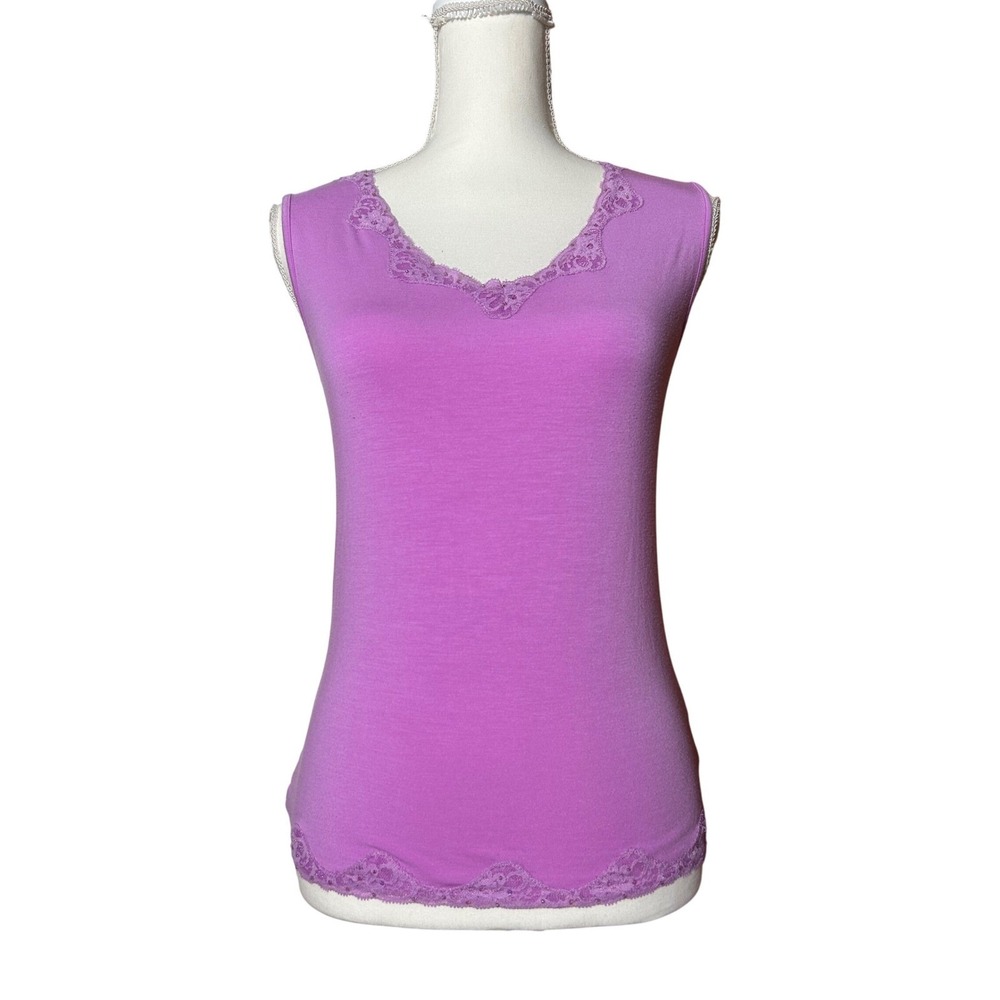 Y2K Purple‎ Lace Trim Tank Top Fairy Beaded Summer Lace Embroidered Mermaid S